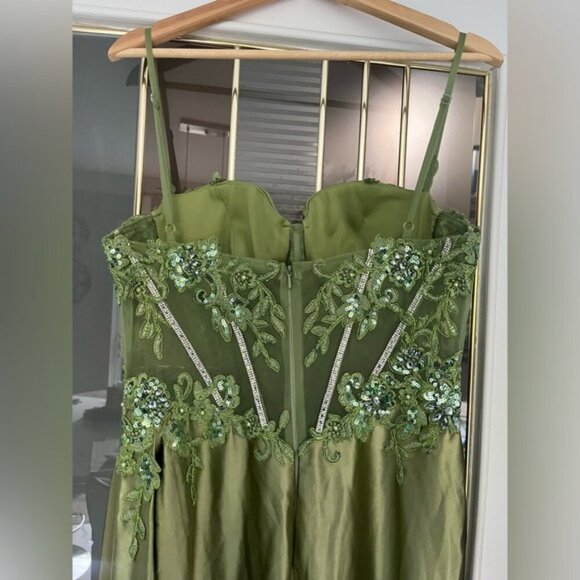 Olive Green Prom Evening Gown Beaded Corset Satin Dress Side Slit - Picture 9 of 9